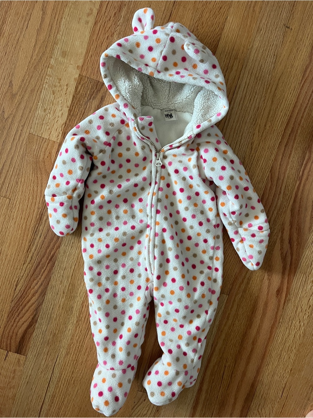 Fleece White Polka Dot Baby snowsuit Hood